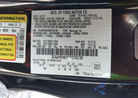 2013 Ford Fusion Se из США, поврежденный, VIN 3FA6P0HR4DR270739